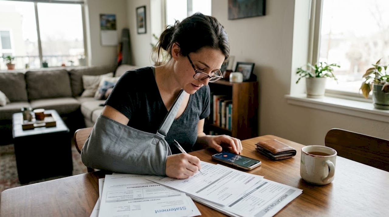 Injured woman filling out paperwork at home