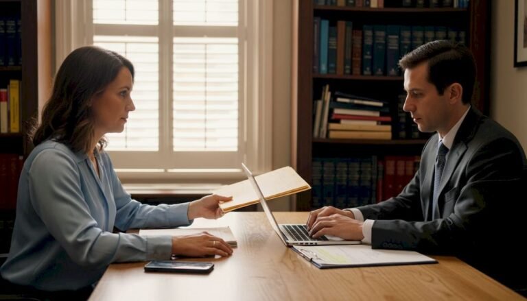 Client meeting attorney in small law office