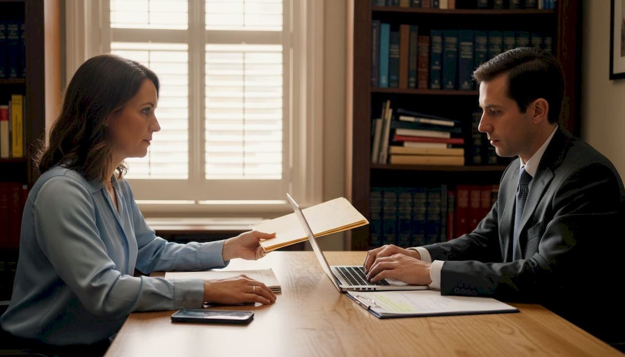 Client meeting attorney in small law office