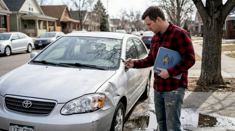 A man in a red flannel shirt documenting damage to a silver sedan's front fender with a smartphone while holding a "Stubborn Attorney" folder, representing a car accident claim, insurance evidence gathering, and expert personal injury legal assistance.