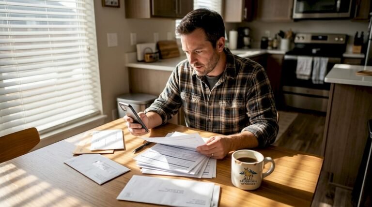 A man in a plaid shirt sitting at a sunlit kitchen table, using a smartphone to photograph or scan medical bills and legal correspondence while holding a "Stubborn Attorney" branded coffee mug, representing proactive legal evidence gathering and personal injury case organization.