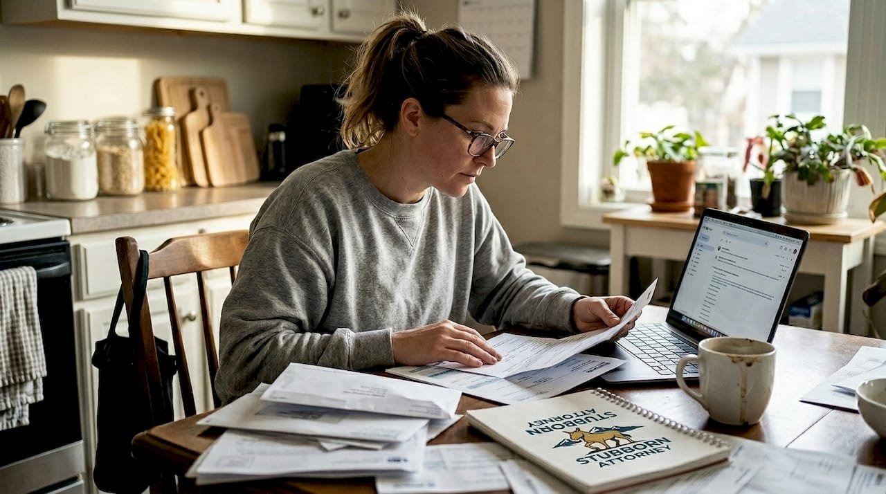 Woman reviewing accident paperwork in kitchen