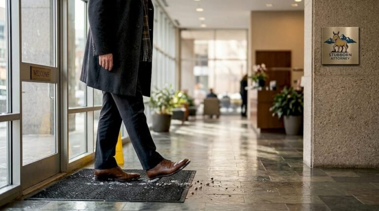 A man in a dark overcoat and brown leather shoes slipping on a patch of ice or debris inside a commercial building lobby near a "Stubborn Attorney" office sign, representing a slip and fall accident, premises liability claim, and personal injury legal services.