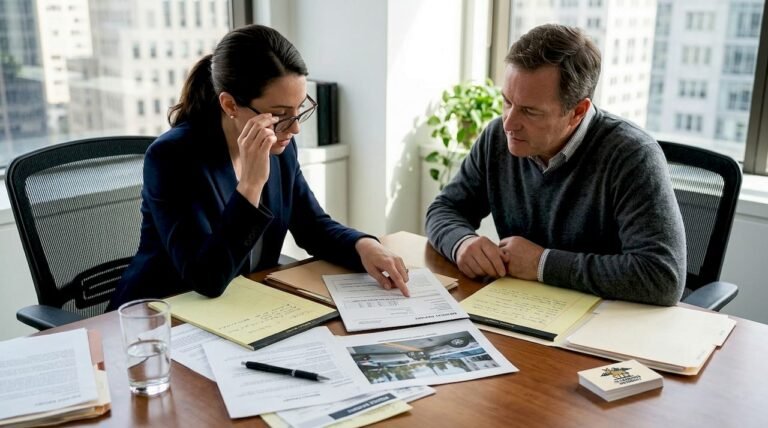 A professional legal consultation in a high-rise office featuring a female attorney in a navy blazer and glasses reviewing case documents with a male client, with a desk spread of yellow legal pads, accident scene photos, and a business card for "Stubborn Attorney," representing expert personal injury case evaluation.