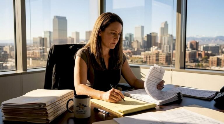 Attorney reviewing insurance paperwork in office