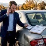 Man reporting car accident at Colorado roadside