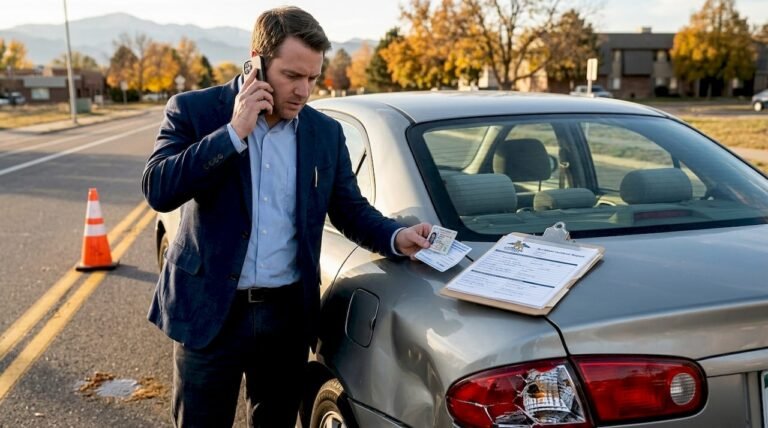 Man reporting car accident at Colorado roadside