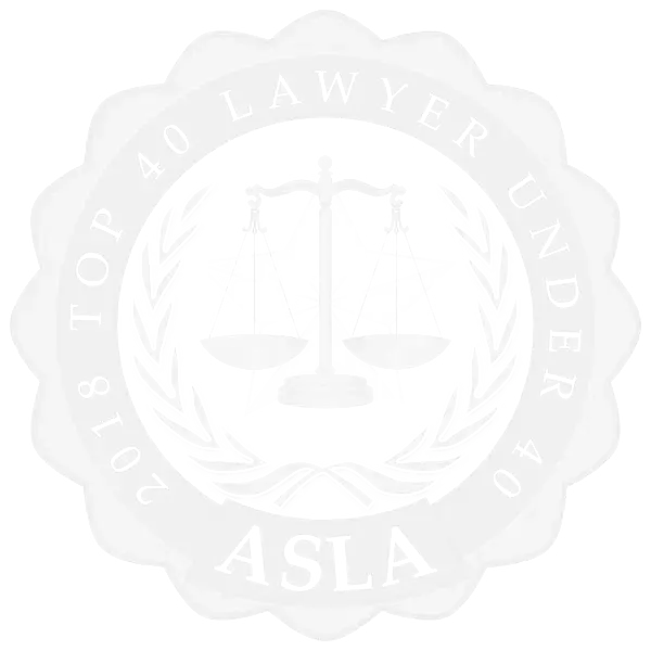 A professional black and white circular award seal for "2018 Top 40 Lawyer Under 40" from the American Society of Legal Advocates (ASLA), featuring a Lady Justice scale and laurel wreath icon, representing elite legal industry recognition and award-winning attorney excellence.
