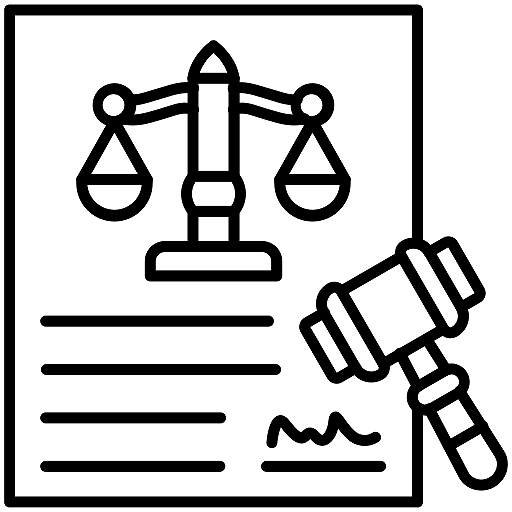 Legal document icon featuring a gavel and scales of justice, representing formal lawsuit filing and settlement agreements for personal injury claims.