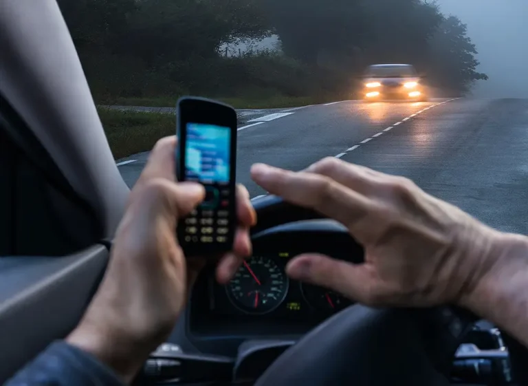 Distracted driver using a mobile phone while driving at night on a foggy road with oncoming car headlights in the background.