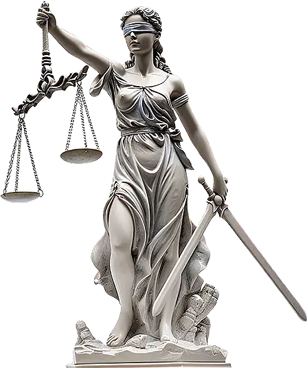 A detailed white marble statue of Lady Justice (Themis) on a transparent background, blindfolded and holding the scales of justice and a sword to represent impartial legal judgment, fair trial advocacy, and authoritative law firm branding.