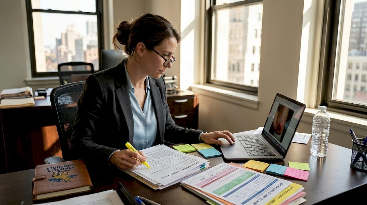 Paralegal reviews injury documentation in Colorado office