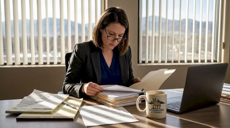 Lawyer reviewing injury claim documents