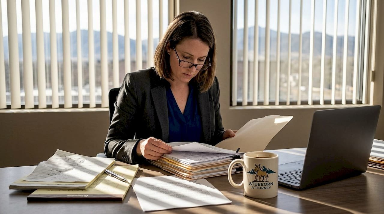 Lawyer reviewing injury claim documents