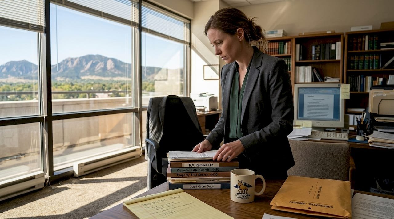 Attorney in Colorado office with case files