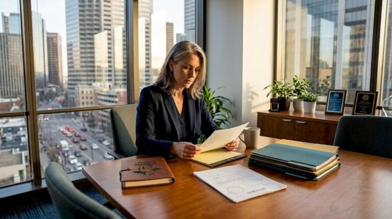 Attorney reviewing mediation paperwork in Colorado office