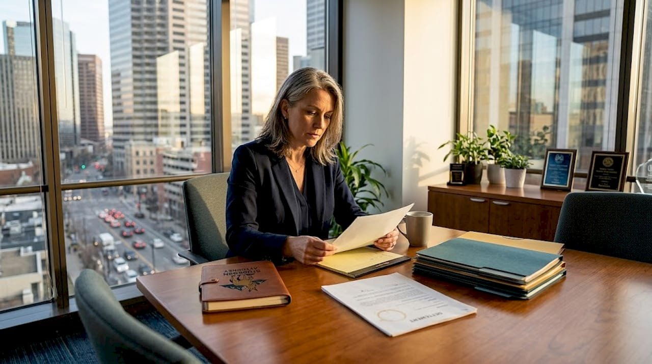 Attorney reviewing mediation paperwork in Colorado office