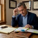 Lawyer reviewing documents at law office