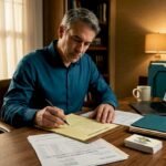 Man organizing accident claim paperwork at desk