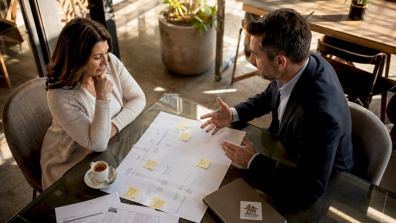 Client consulting attorney in law office