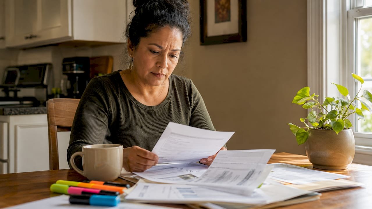 Woman reviewing personal injury claim documents at home