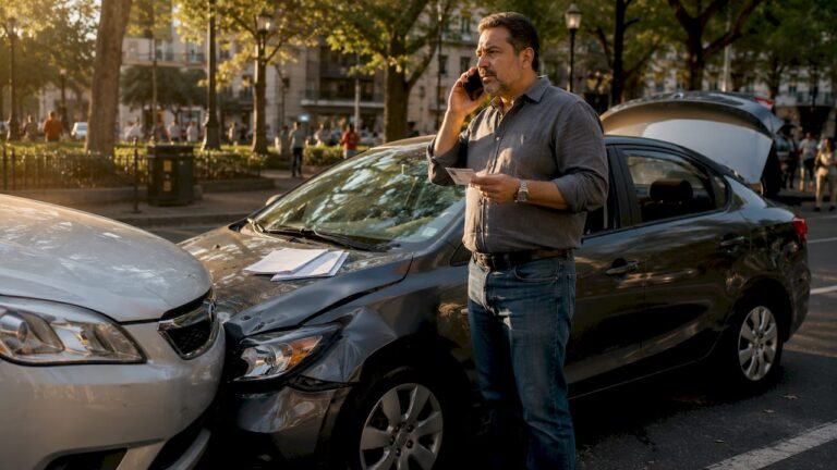 Driver reporting car accident on phone outdoors