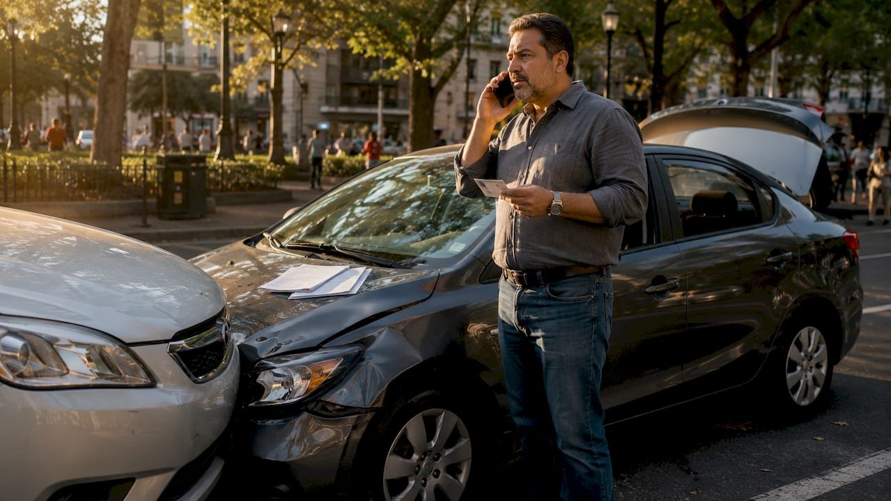 Driver reporting car accident on phone outdoors