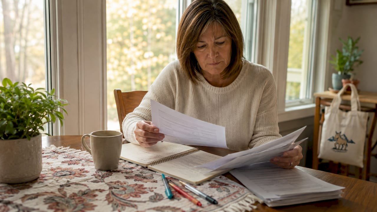 Woman reviewing insurance claim documents at kitchen table