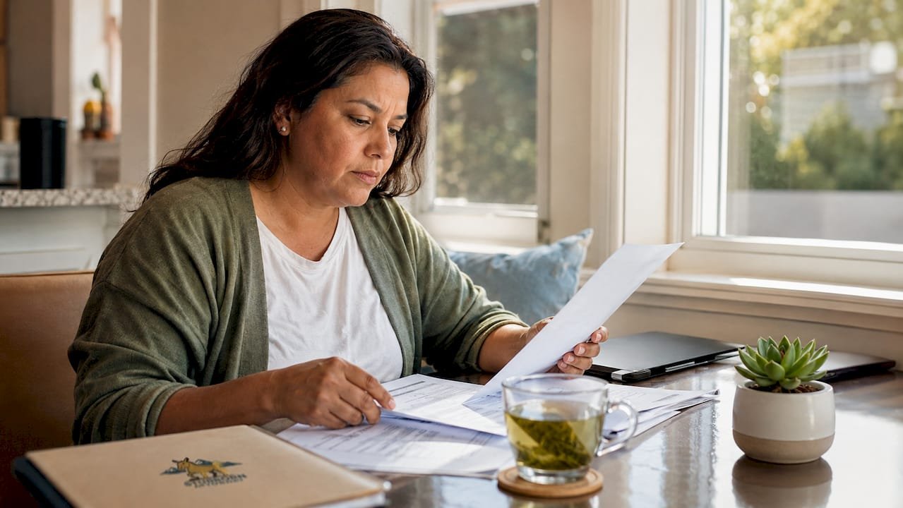 Woman reviewing car accident documents at home