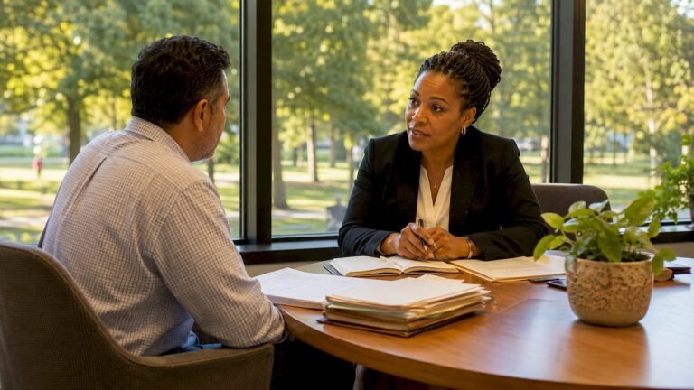 Attorney consulting client in law office