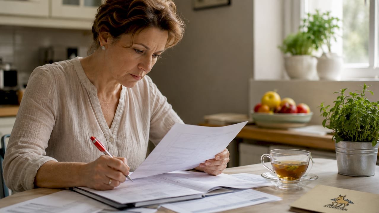 Woman reviewing insurance claim documents at home