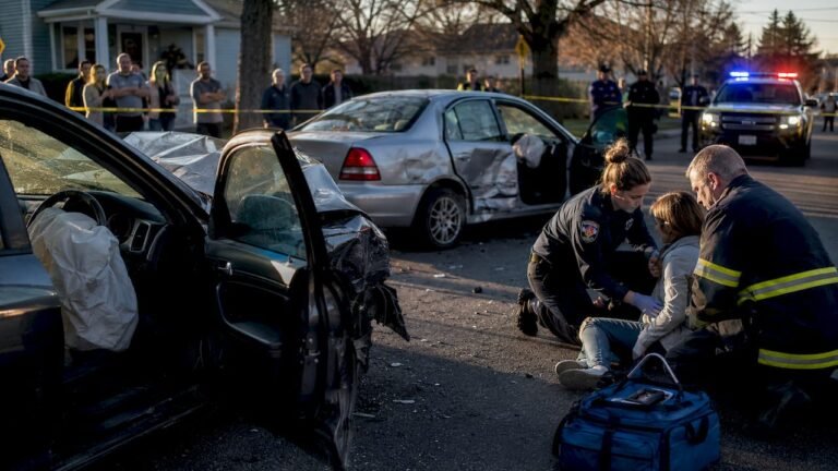 Wide shot of multi-car accident with police officers