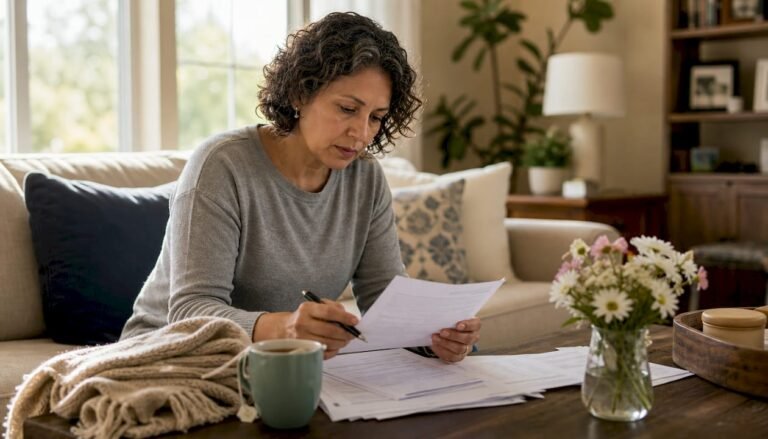 Woman reviewing car insurance papers at home