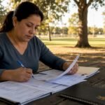Woman reviewing car accident claim documents at office table