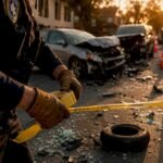 Officer setting up accident scene perimeter tape