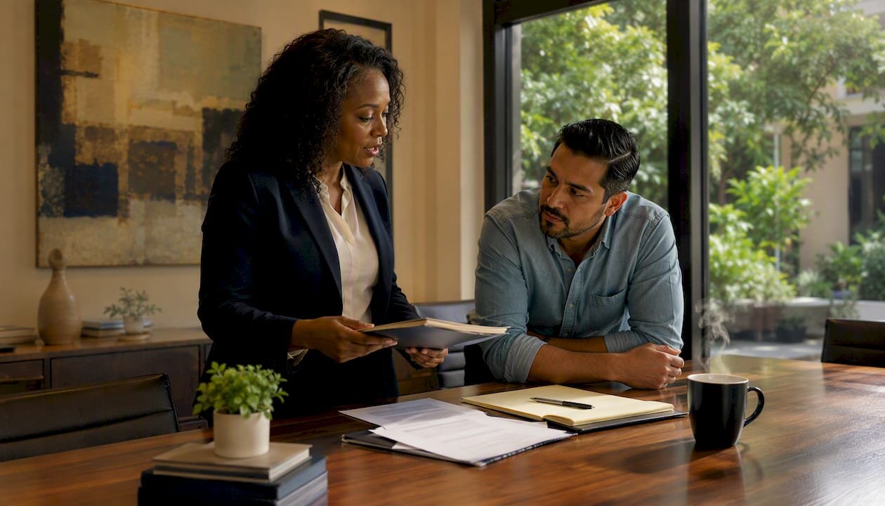 Lawyer and client discussing case details in meeting room