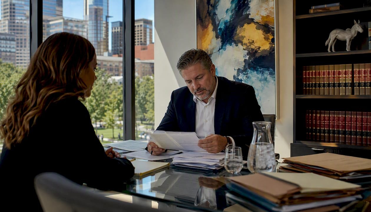 Attorney consulting client in Colorado law office
