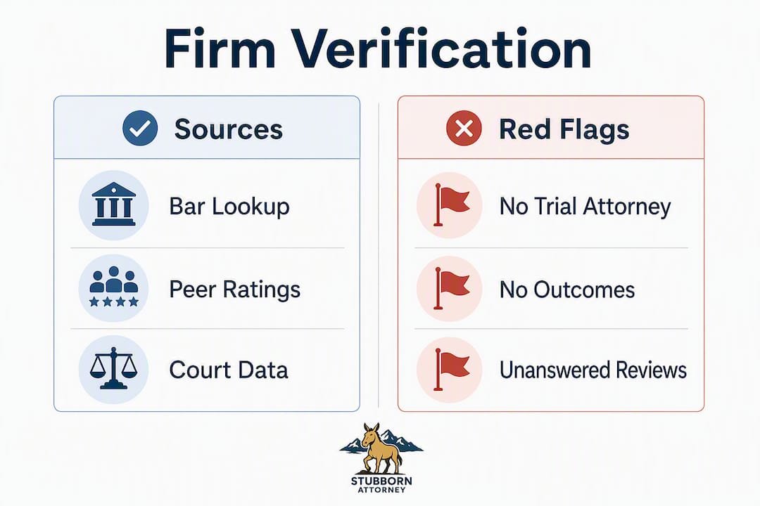 Infographic comparing sources and red flags for firm verification