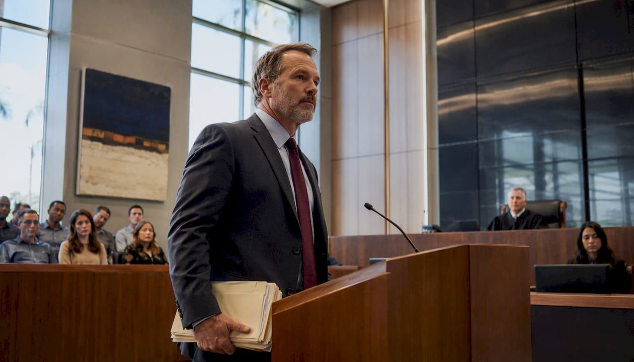 Personal injury lawyer presenting in courtroom