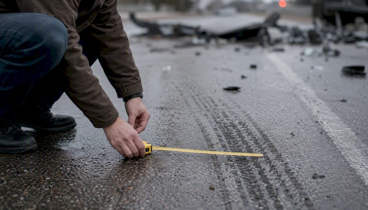 Hand measuring tire mark at accident scene