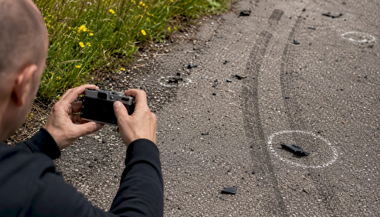 Hands photographing skid marks and debris