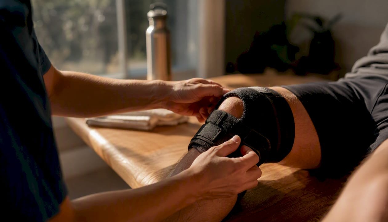 Therapist adjusting wrist brace on treatment table