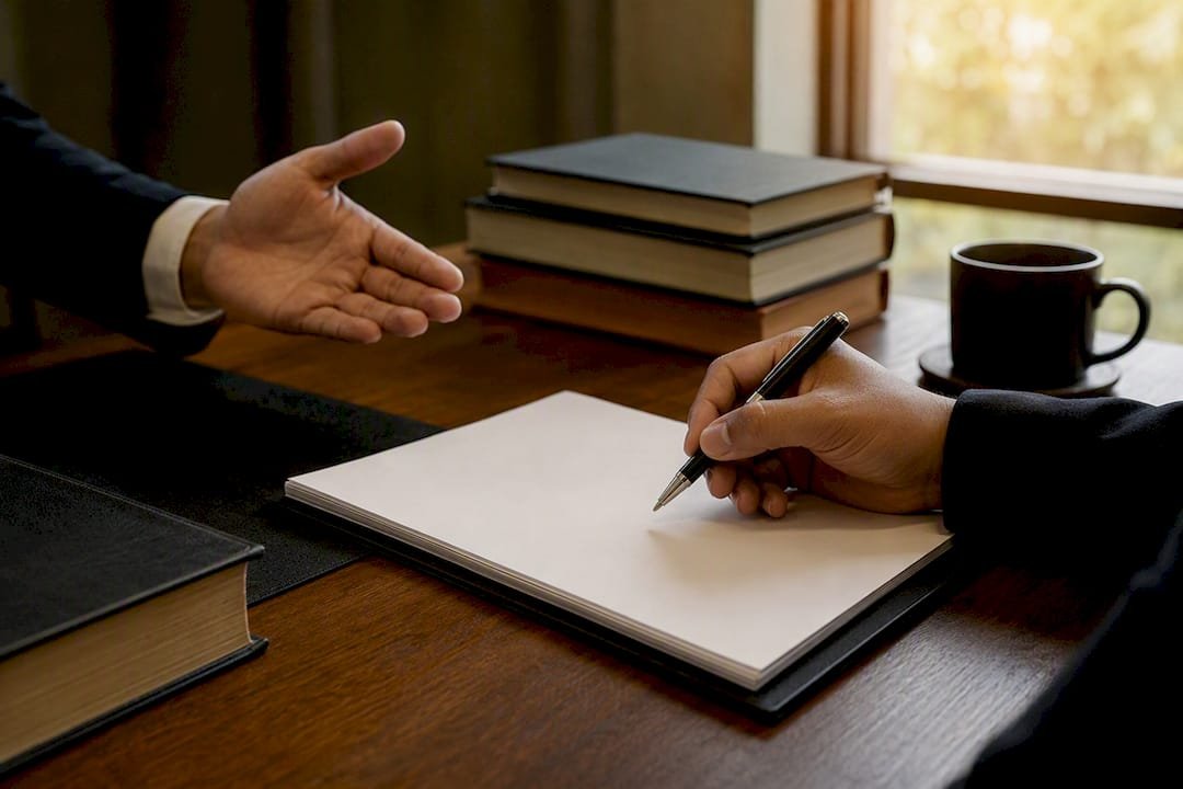 Hand pointing at pen on legal document