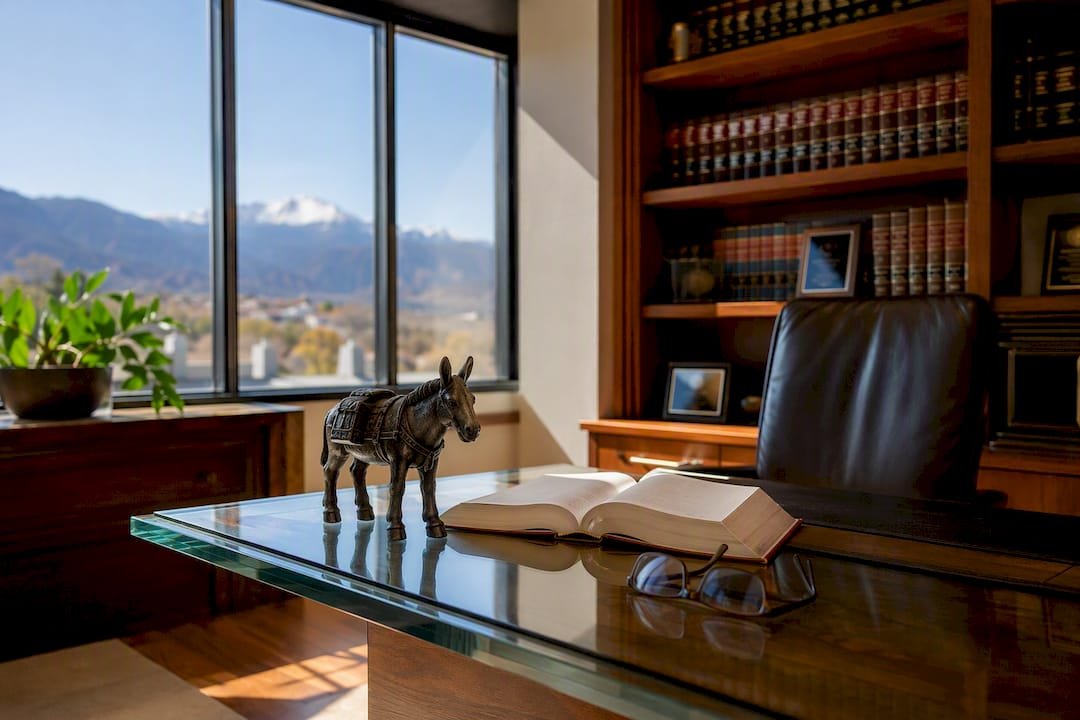 Mule figurine on attorney desk with law books