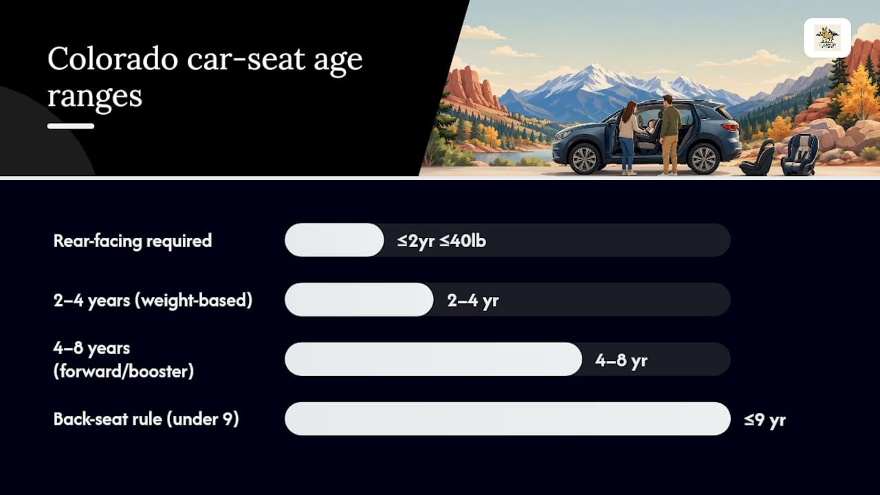 Diagram of Colorado car seat laws by age and weight