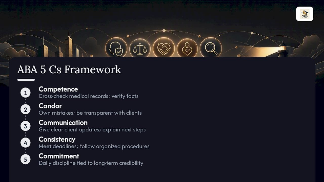 Diagram of ABA's 5 Cs framework for attorney credibility