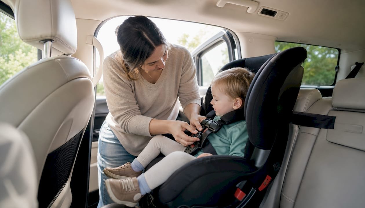 Parent securing child in rear-facing car seat