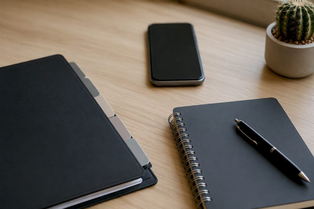 Organized preparation materials on home office desk