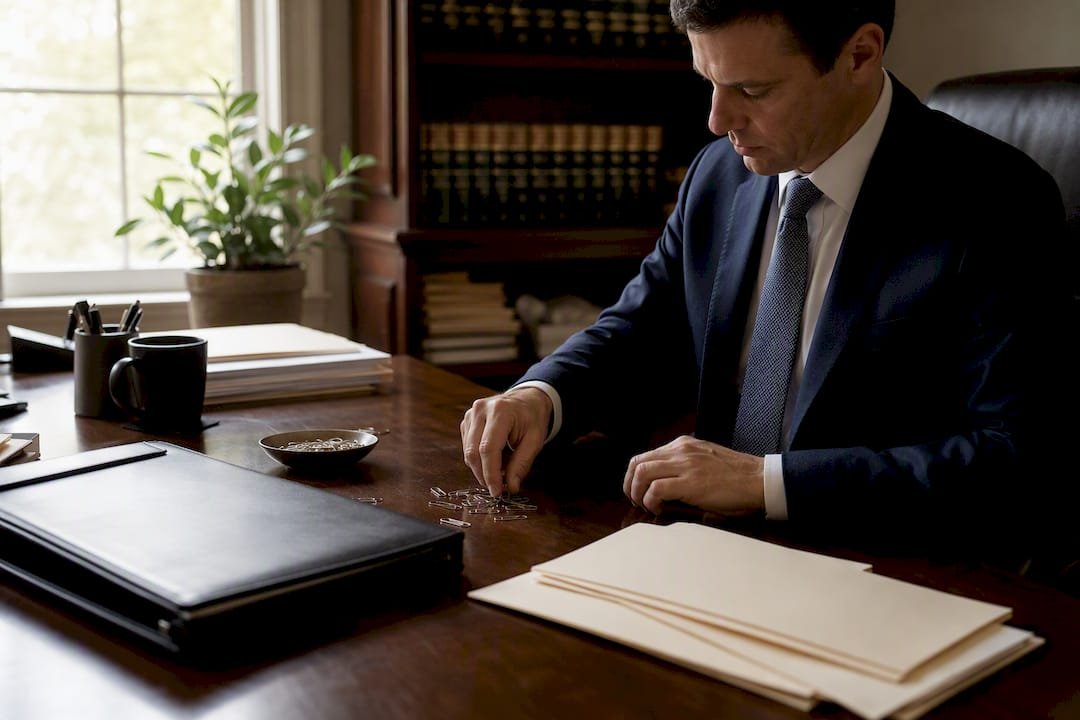 Attorney organizing legal case files on desk