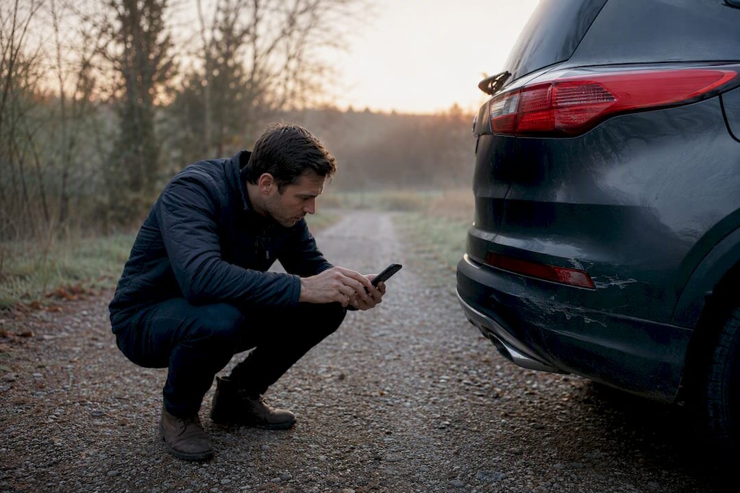 Person photographing minor car damage on roadside